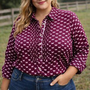 Charter Club Shirt Plus 24W Horse Equestrian Novelty Print Western Pintuck Pleat